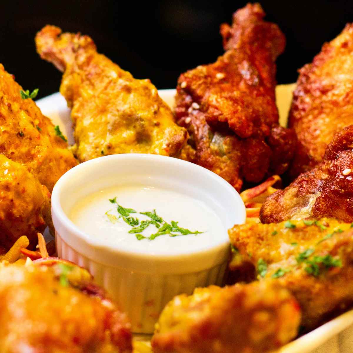 Cooked chicken wings arranged on a plate with a creamy dip in the centre. 