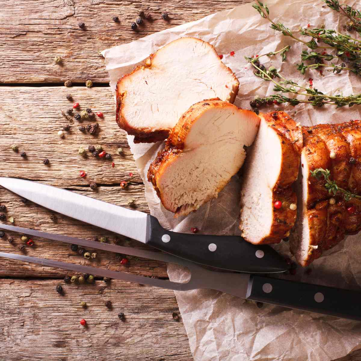 A turkey crown on a wooden chopping board with knives, peppercorns and herbs.
