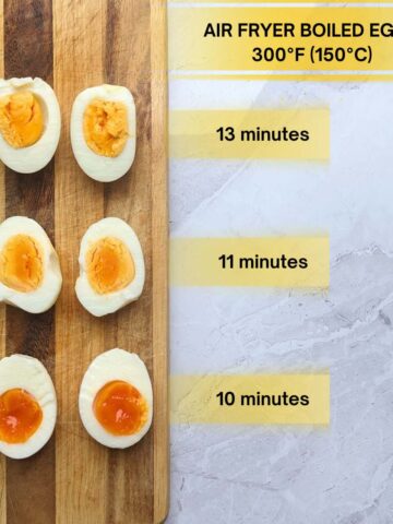 3 boiled eggs cut in half and presented on a board with the cooking times labelled at the side from 10 minutes to 13 minutes.