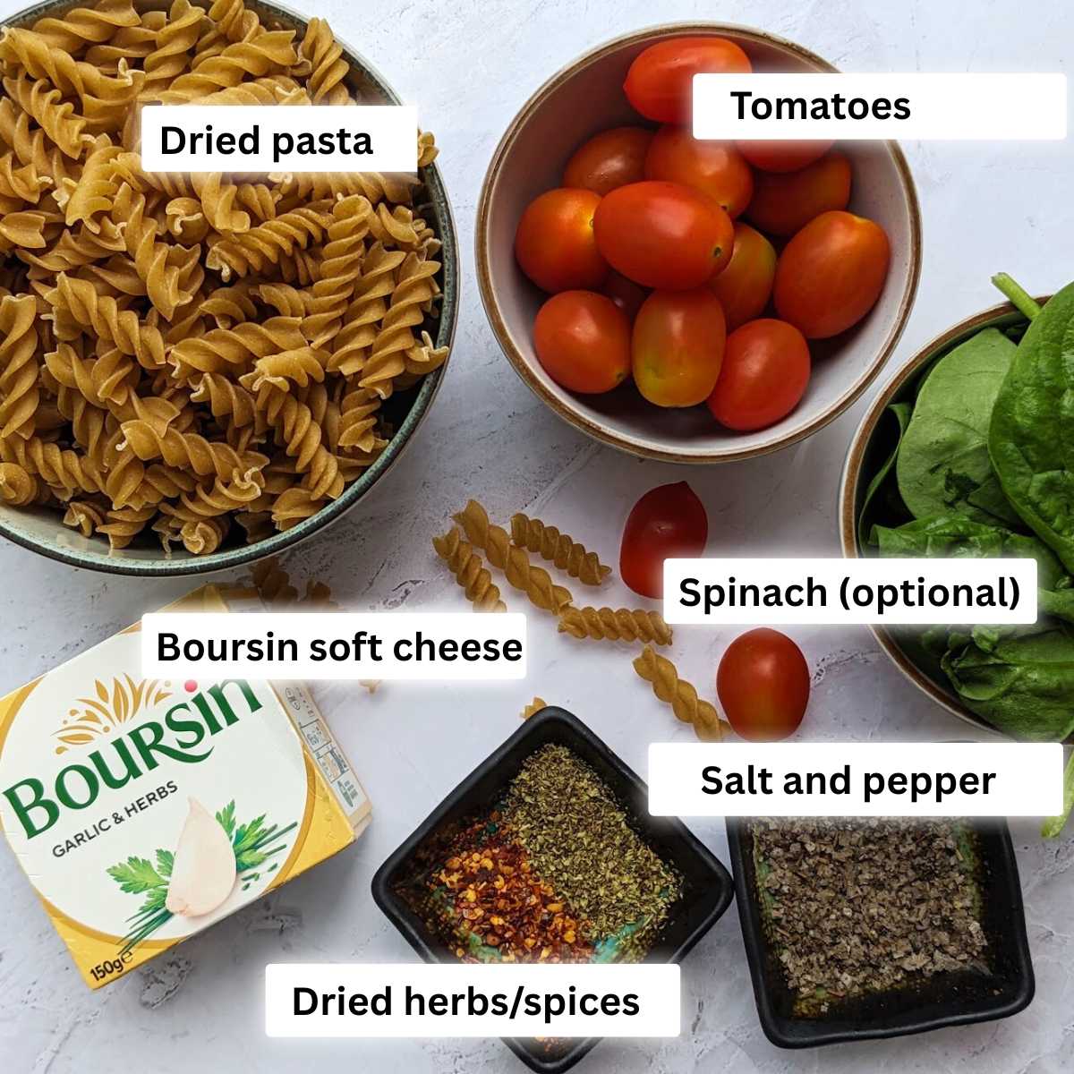 Ingredients for making Boursin pasta
