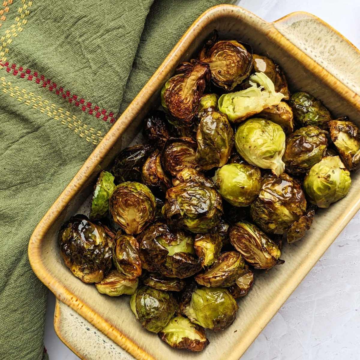 A serving dish of Balsamic Brussels Sprouts