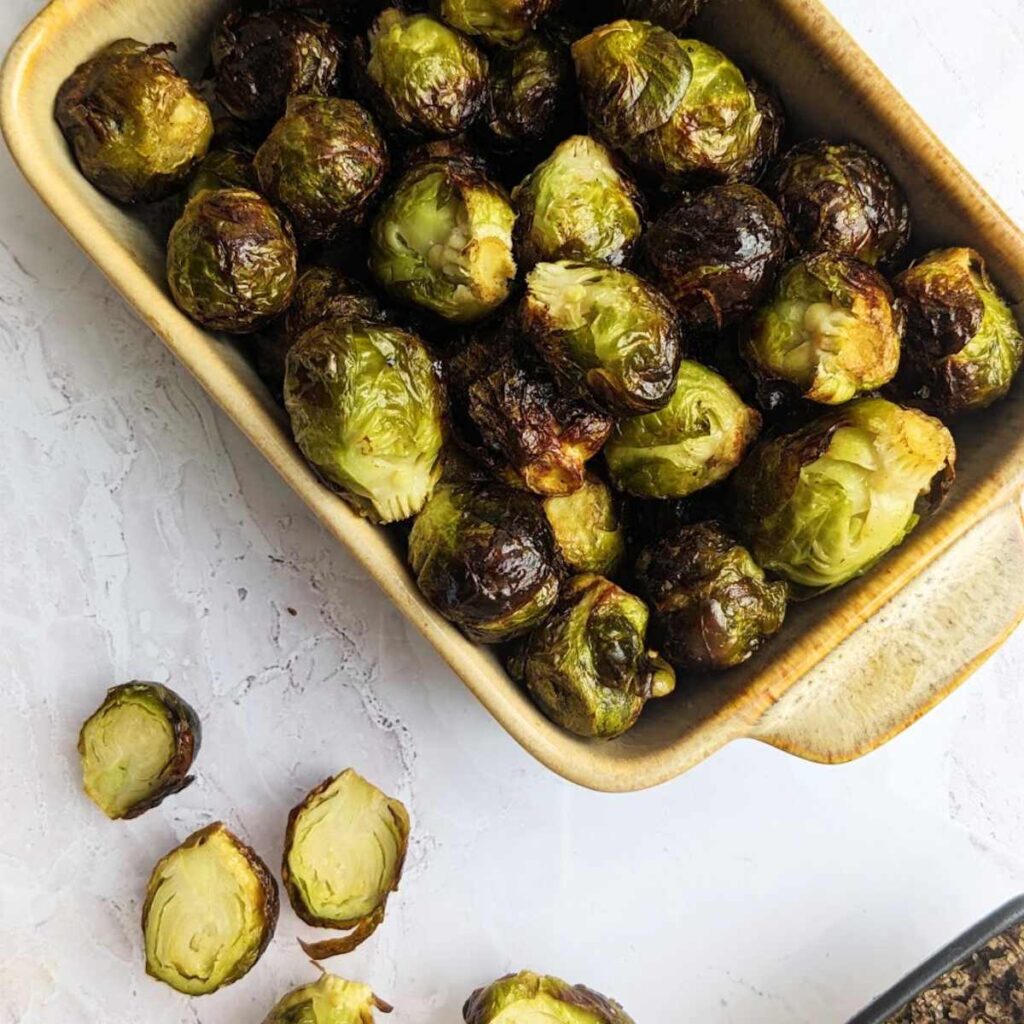 Air fried Brussels sprouts in a serving dish.