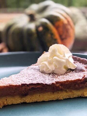 A slice of spicy pumpkin pie on a plate with a dollop of cream on top.
